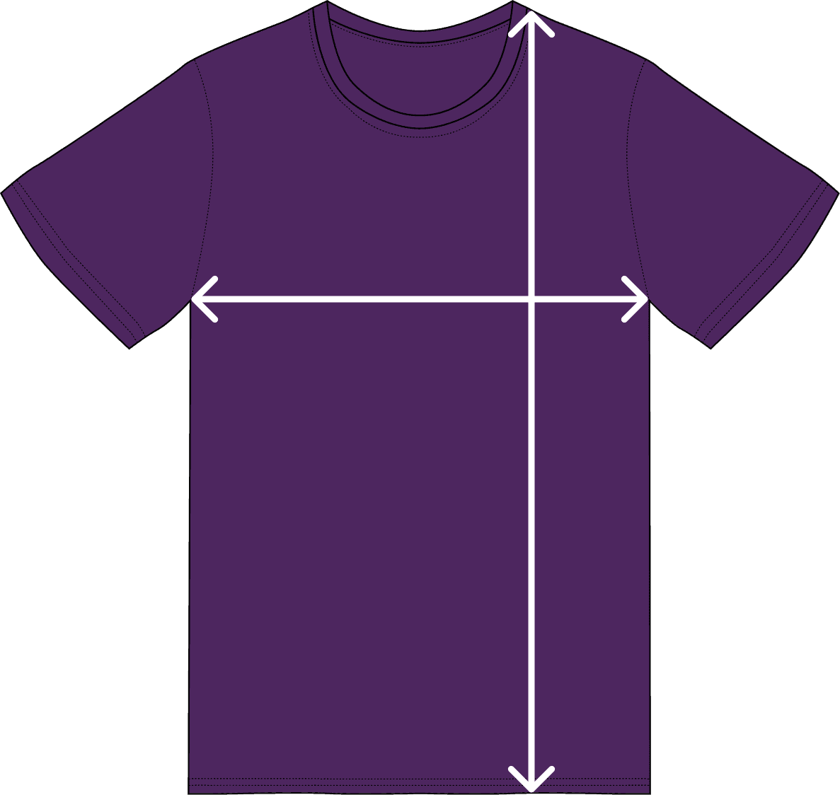 Shirt with markers showing where the width and length are measured from
